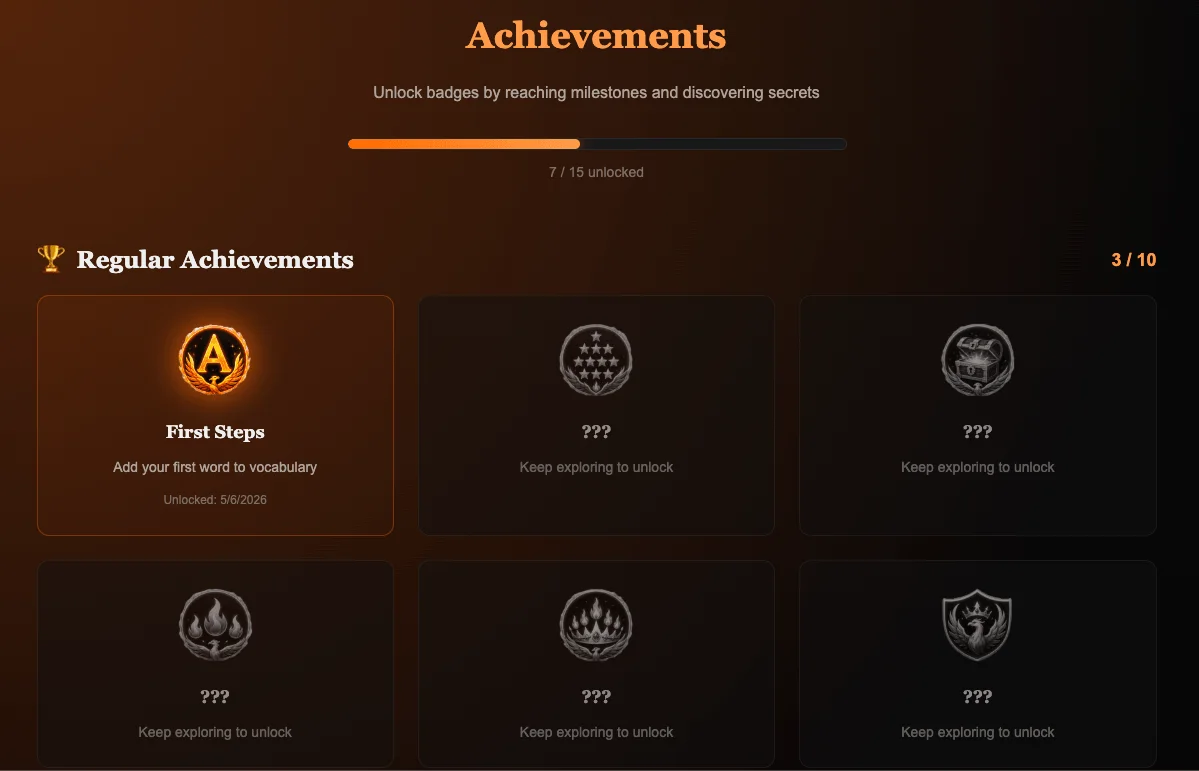 Achievements screen with learning badges