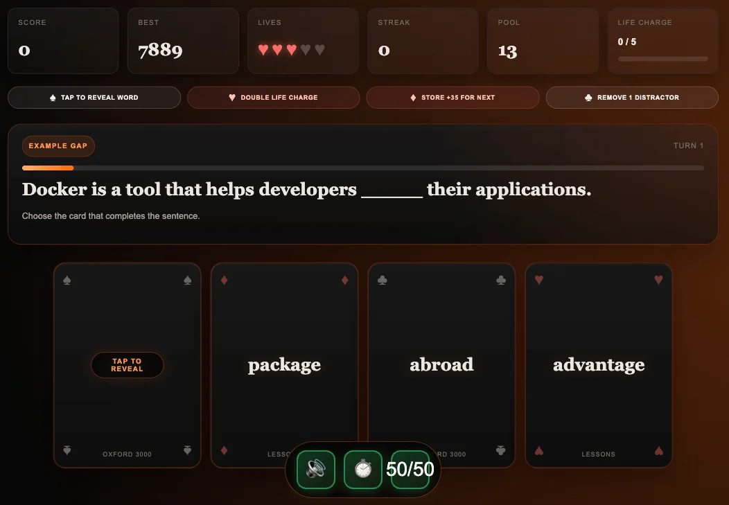 Card Run vocabulary game interface