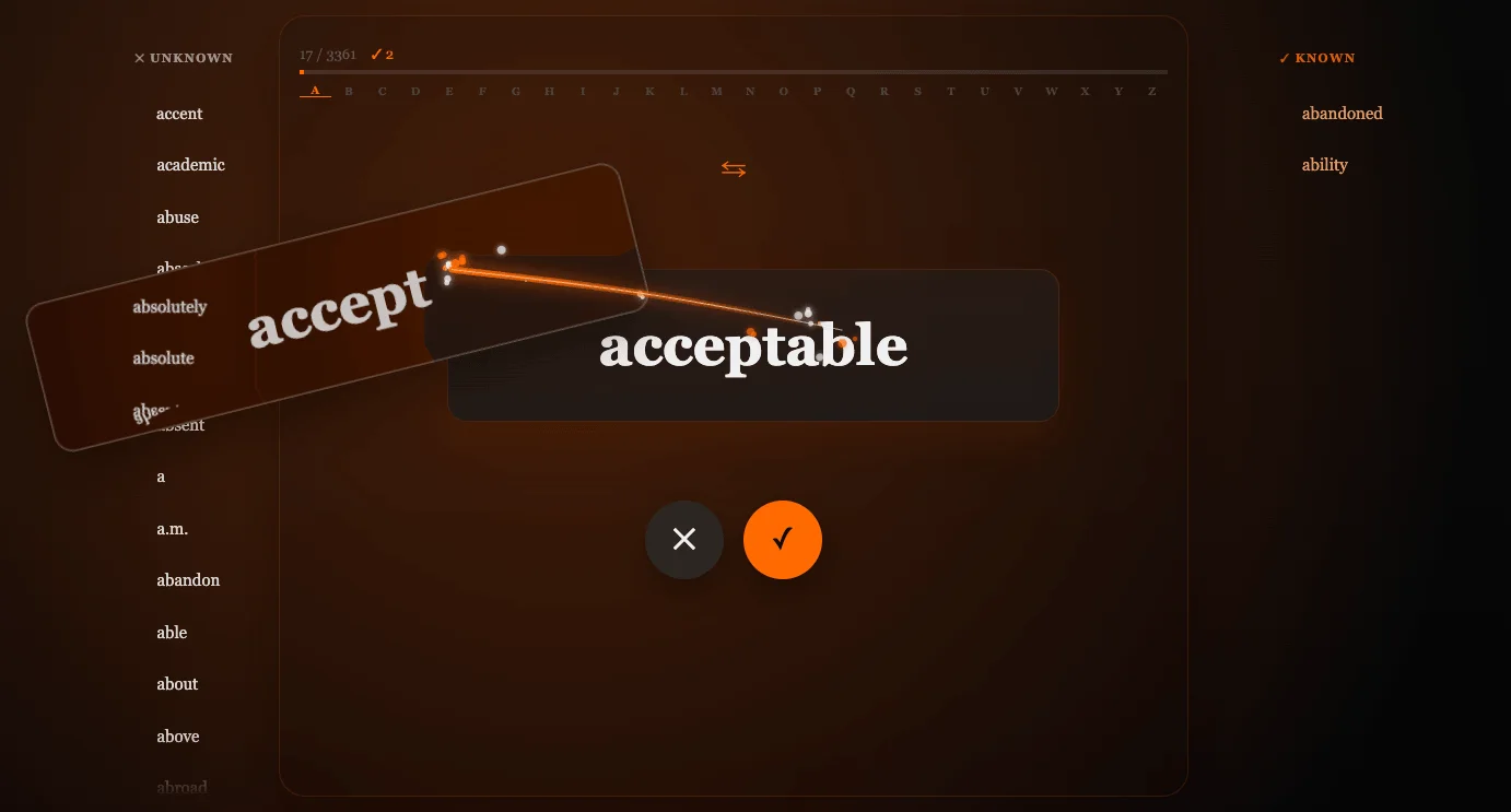 Oxford 3000 words and card practice interface
