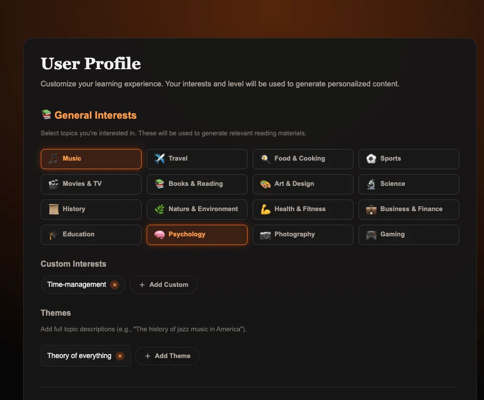 User profile screen with interests and level settings